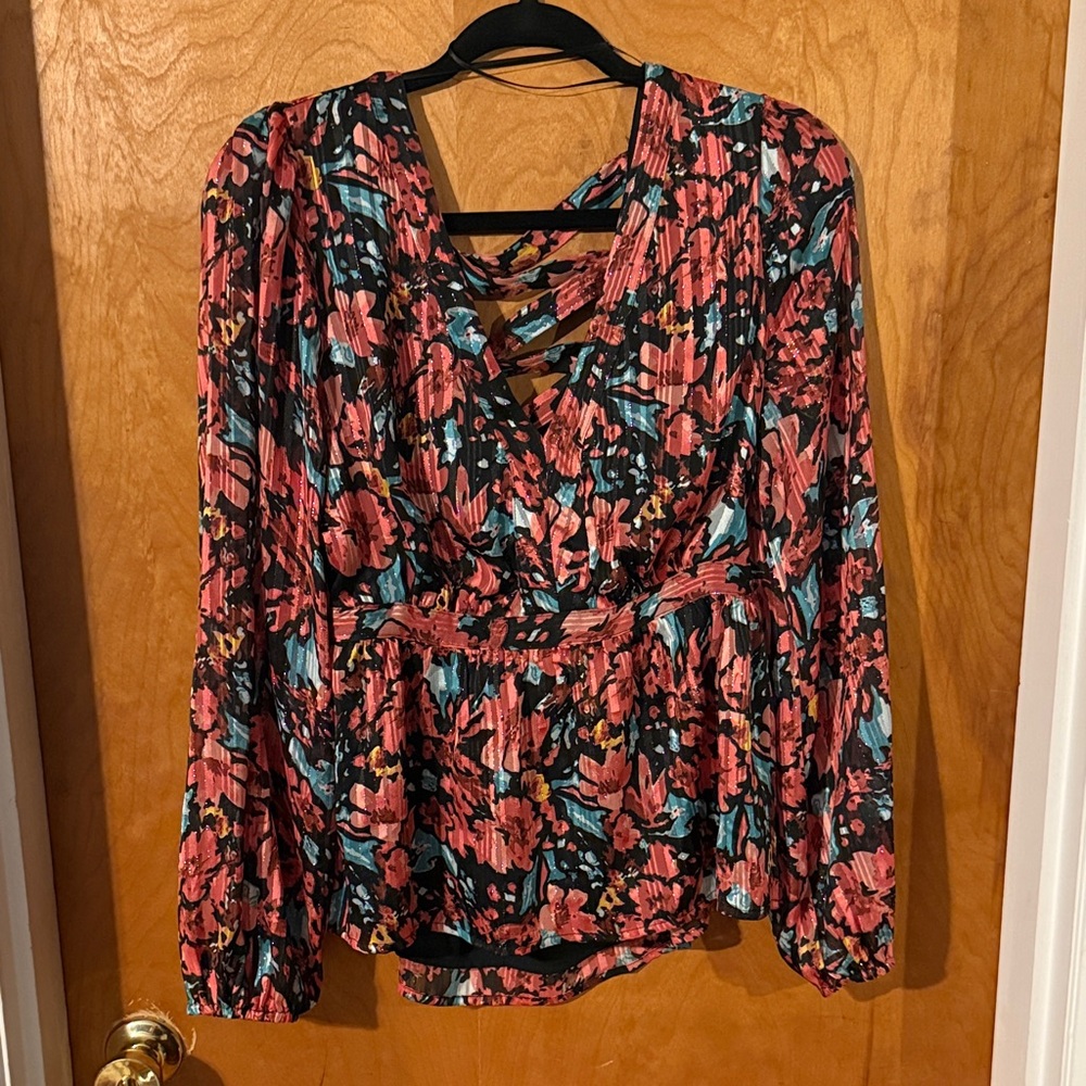 Skies Are Blue Floral Crisscross Blouse - Black and Pink